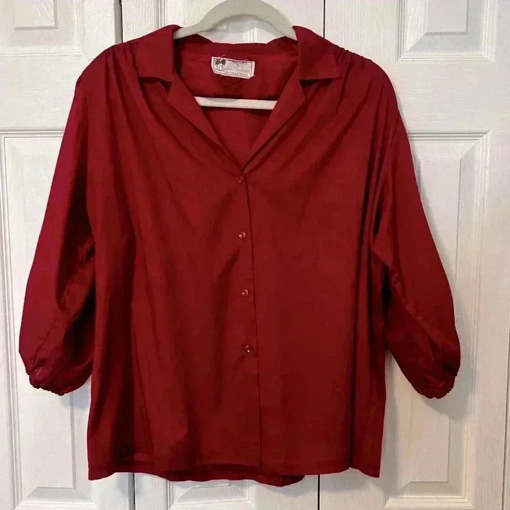 Vintage Carefree Fashions Burgundy Blouse Button Down 3/4 Sleeve Made in USA